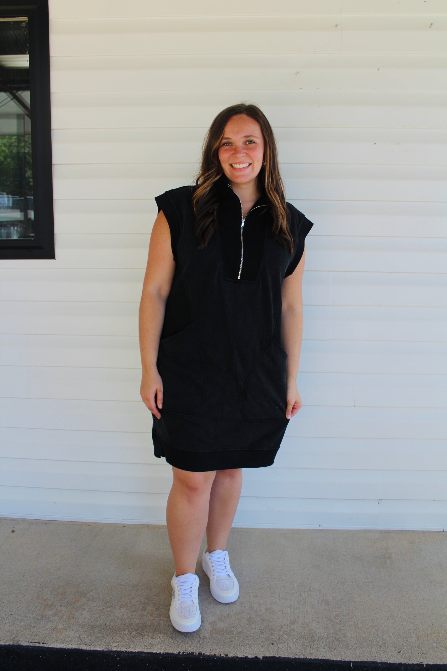 The Libby Black Quarter Zip Cap Sleeve Pocket Dress