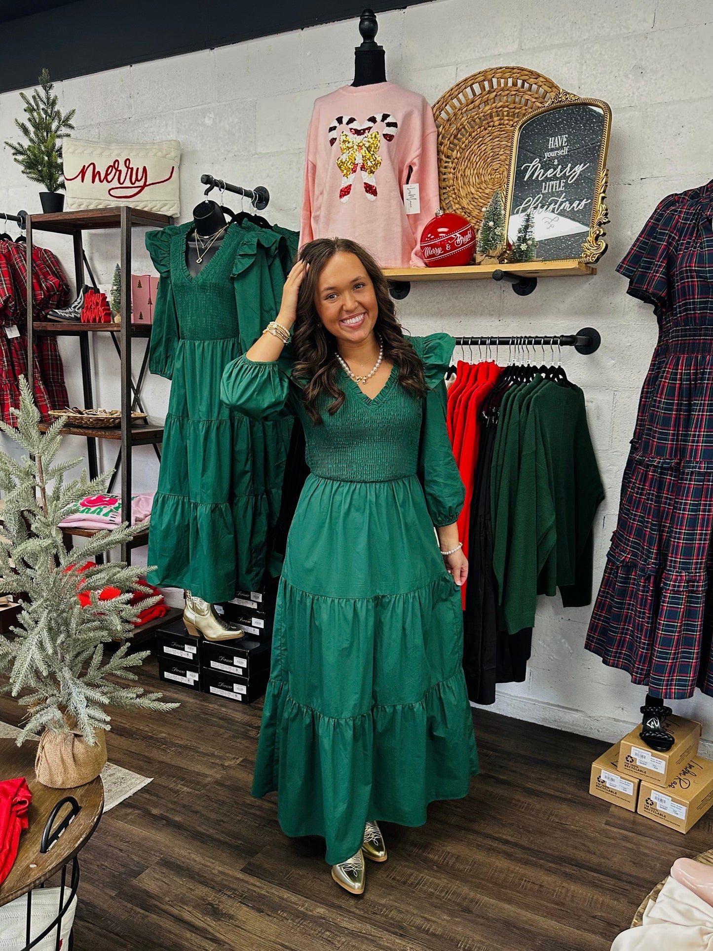 The Brynn Smocked Poplin Emerald Maxi Dress