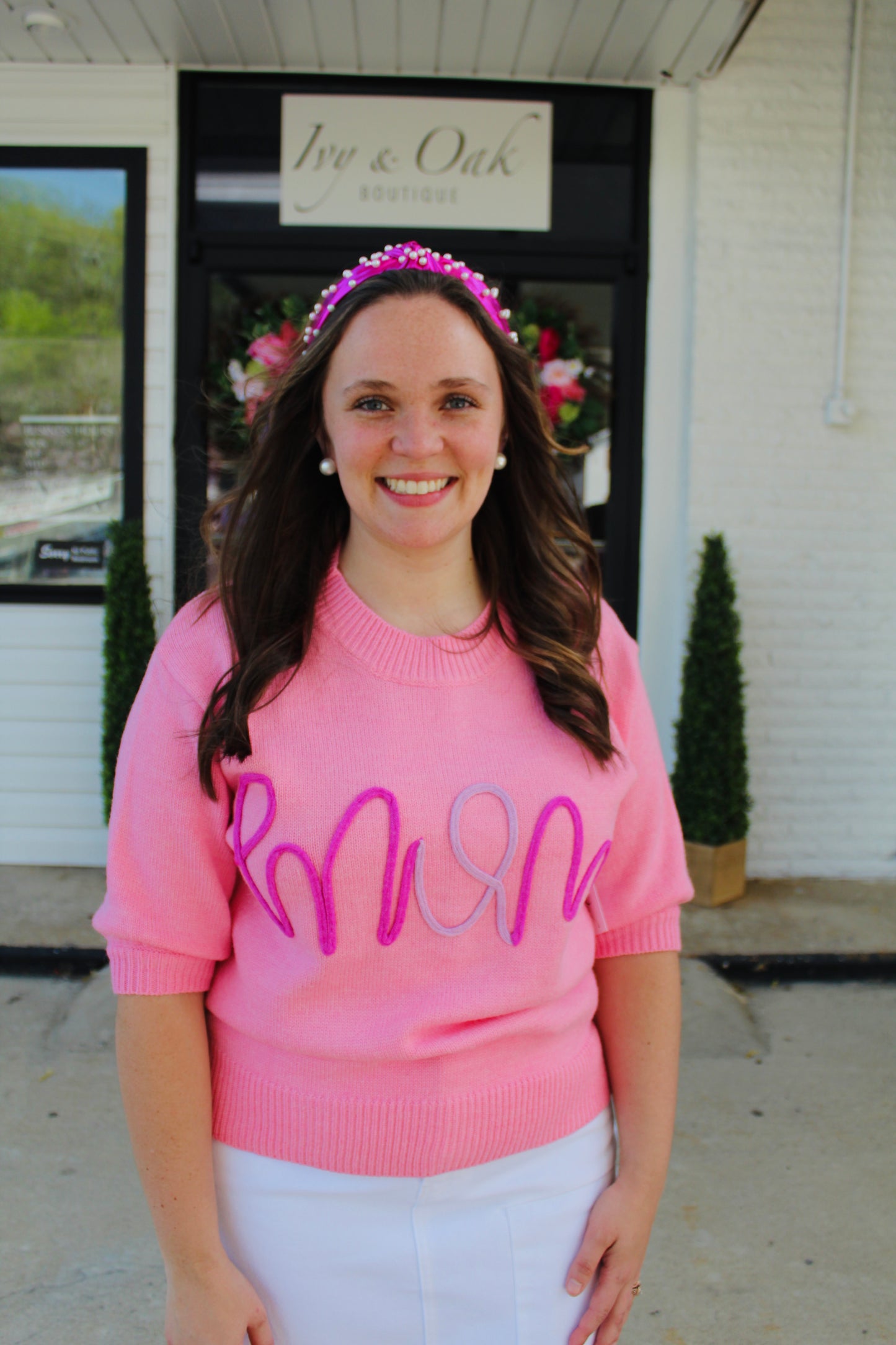 Pink Mom Tinsel Embroidered Sweater