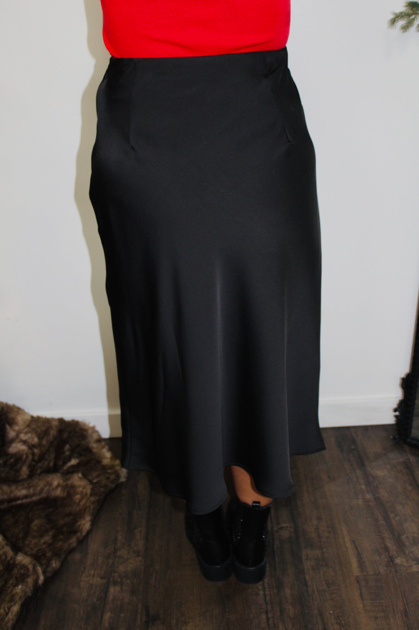 Black Satin A Line Midi Skirt