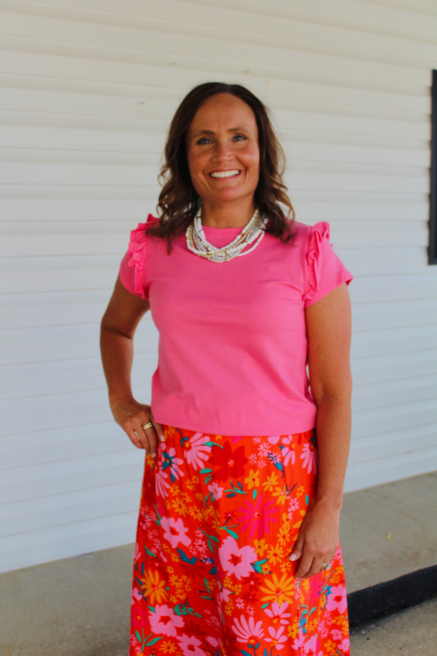 The Brooke Solid Pink Ruffle Shoulder Top