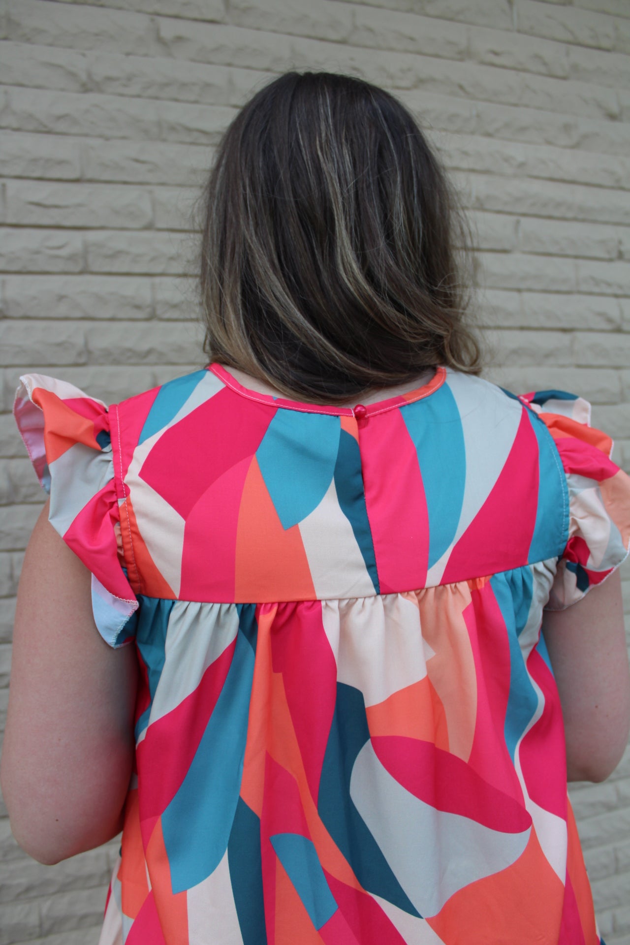 Pink Abstract Geometric Print Tiered Dress