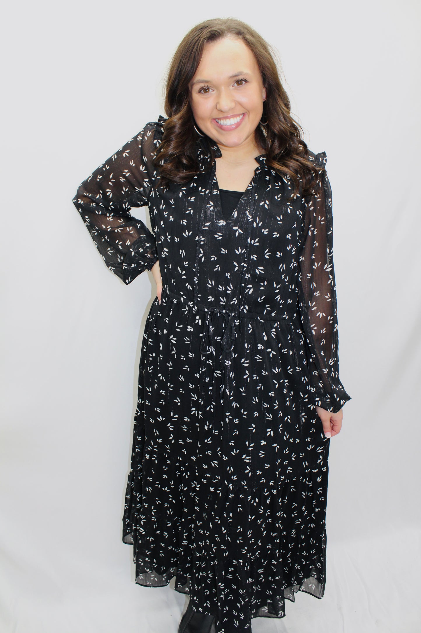 The Kace Black Floral Tiered Midi Dress