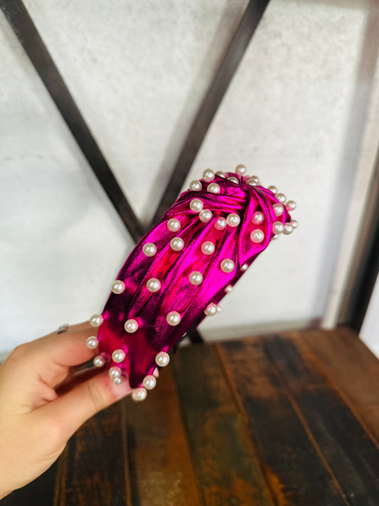 Fuchsia Metallic Pearl Embellished Top Knot Headband