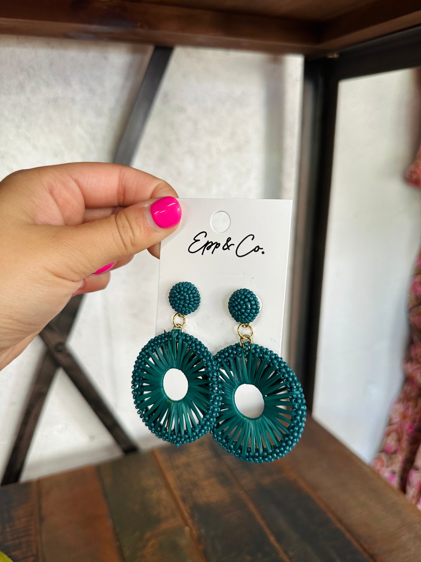 Teal Harvest Beaded Raffia Circle Drops