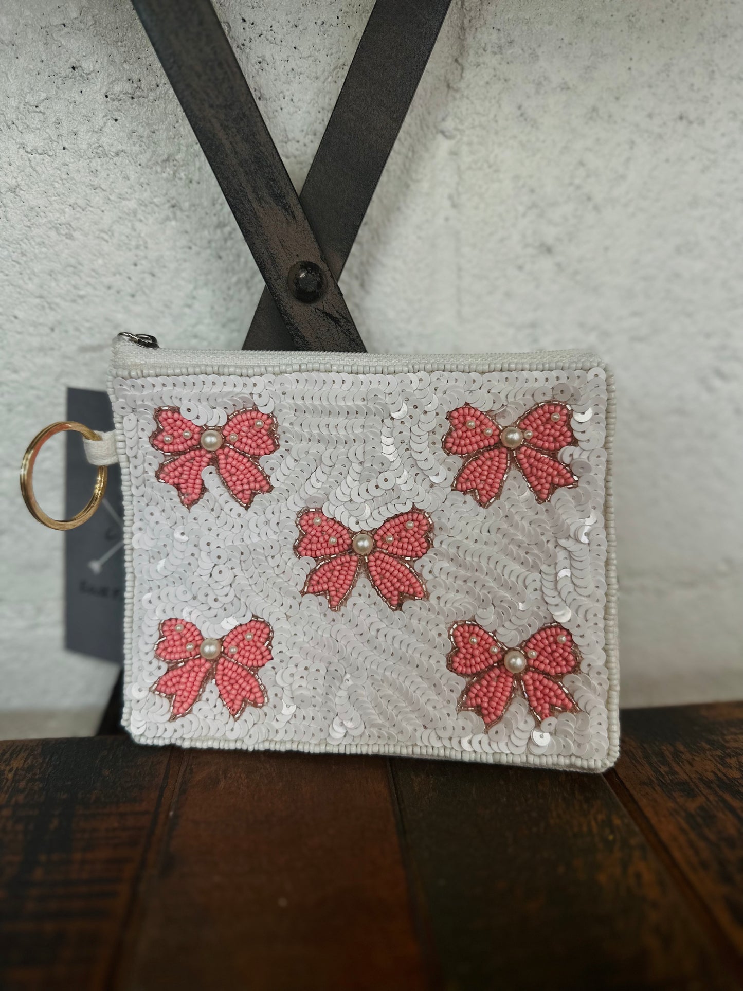 Pearl Pink Bow Beaded Zip Pouch