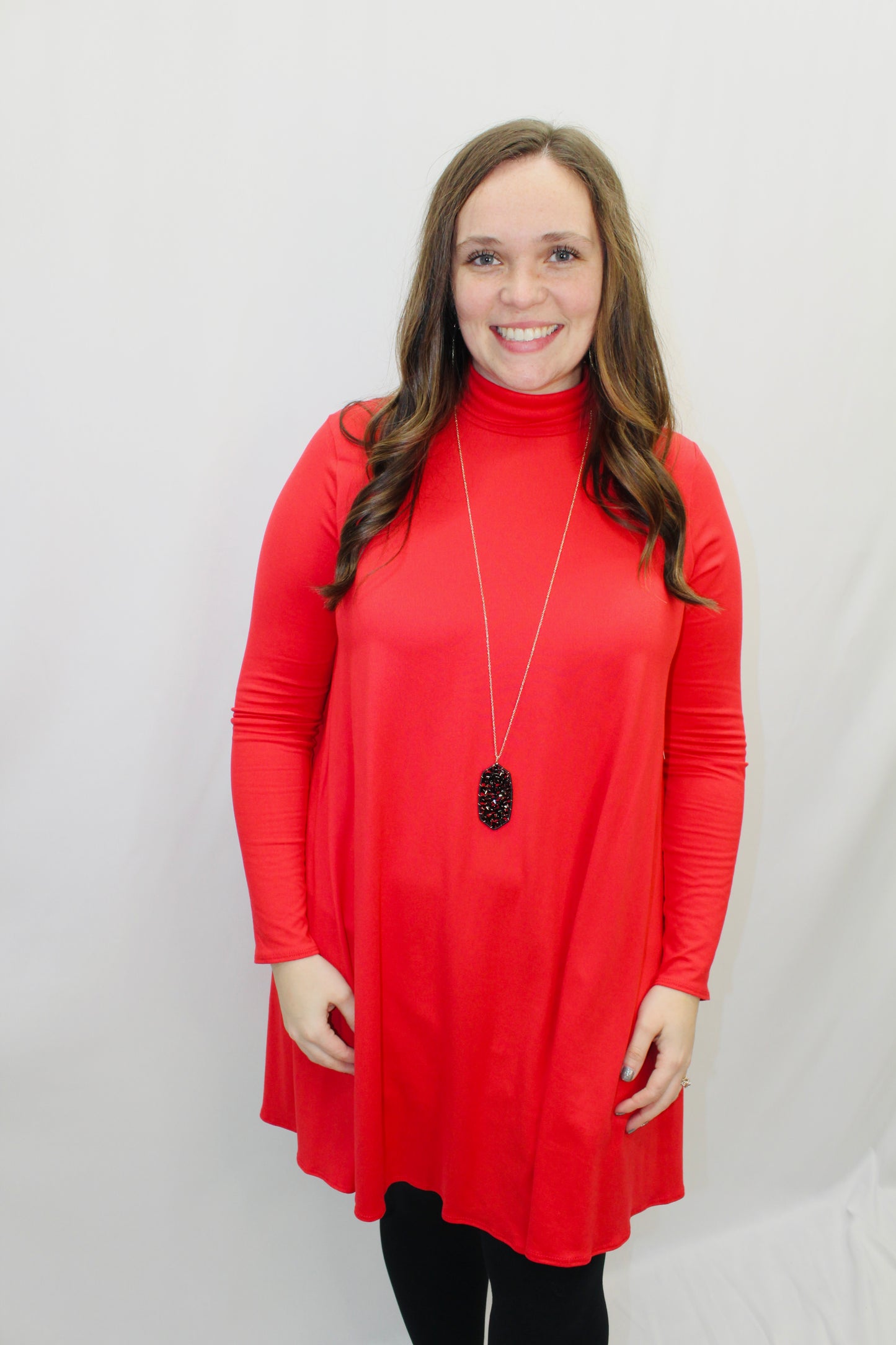 Red Long Sleeve Turtle Neck Swing Dress