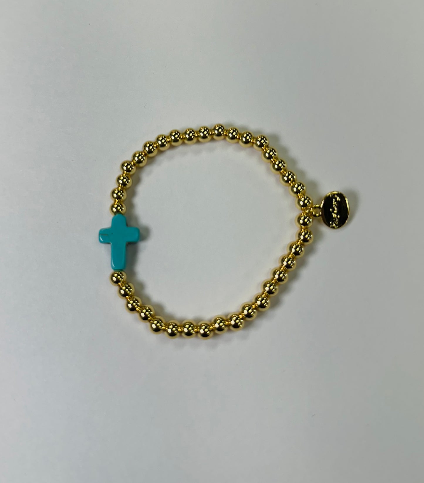 Turquoise Stone Cross 5MM H2O Water Resistant Gold Ball Bracelet