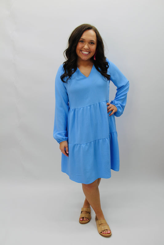 The Grace Blue V-neck Tiered Dress