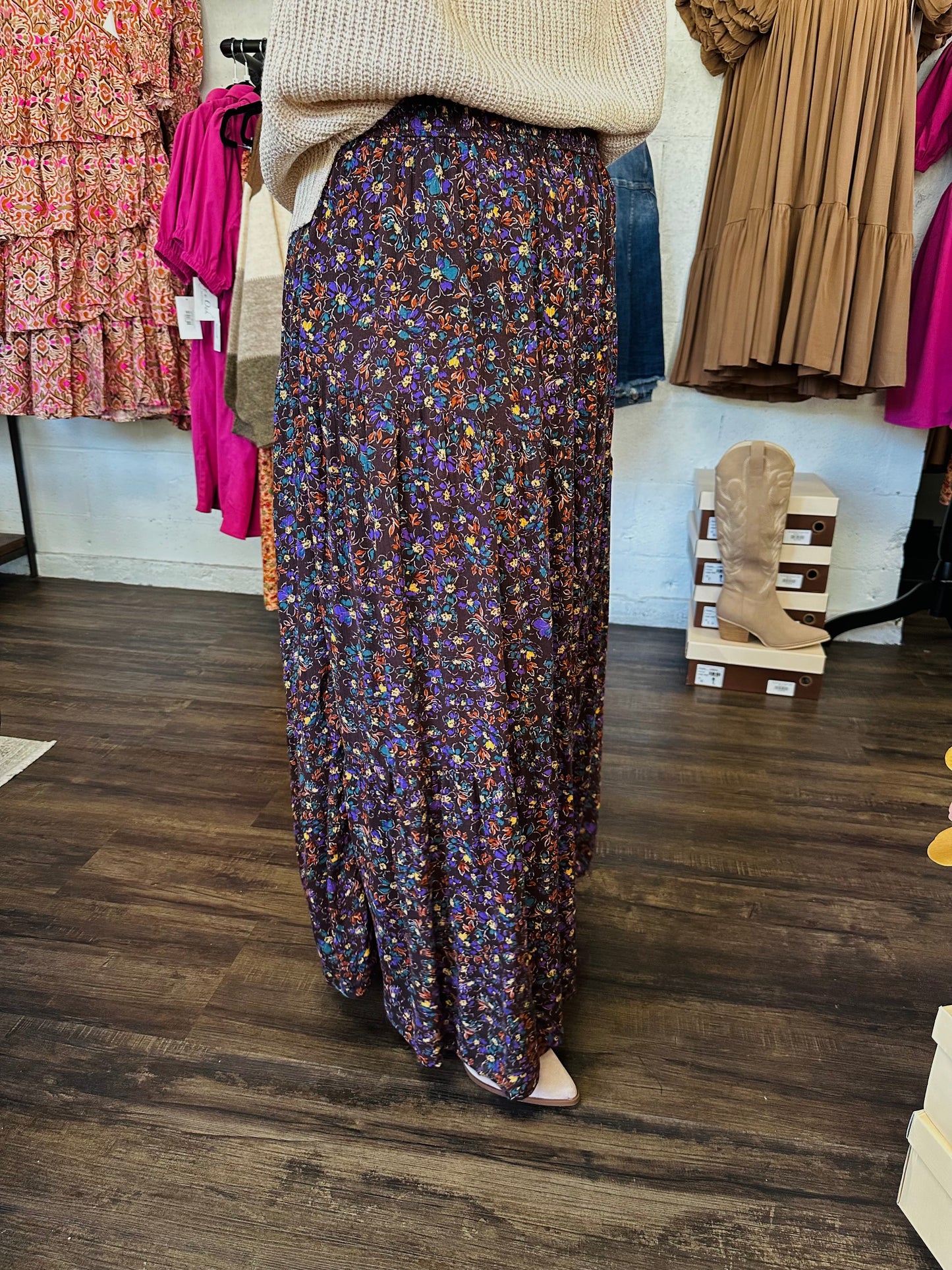 The Hartley Dark Brown Floral Maxi Skirt