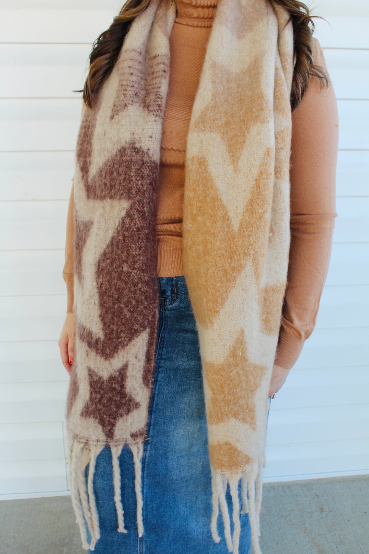 Brown Star Print Tassel Scarf