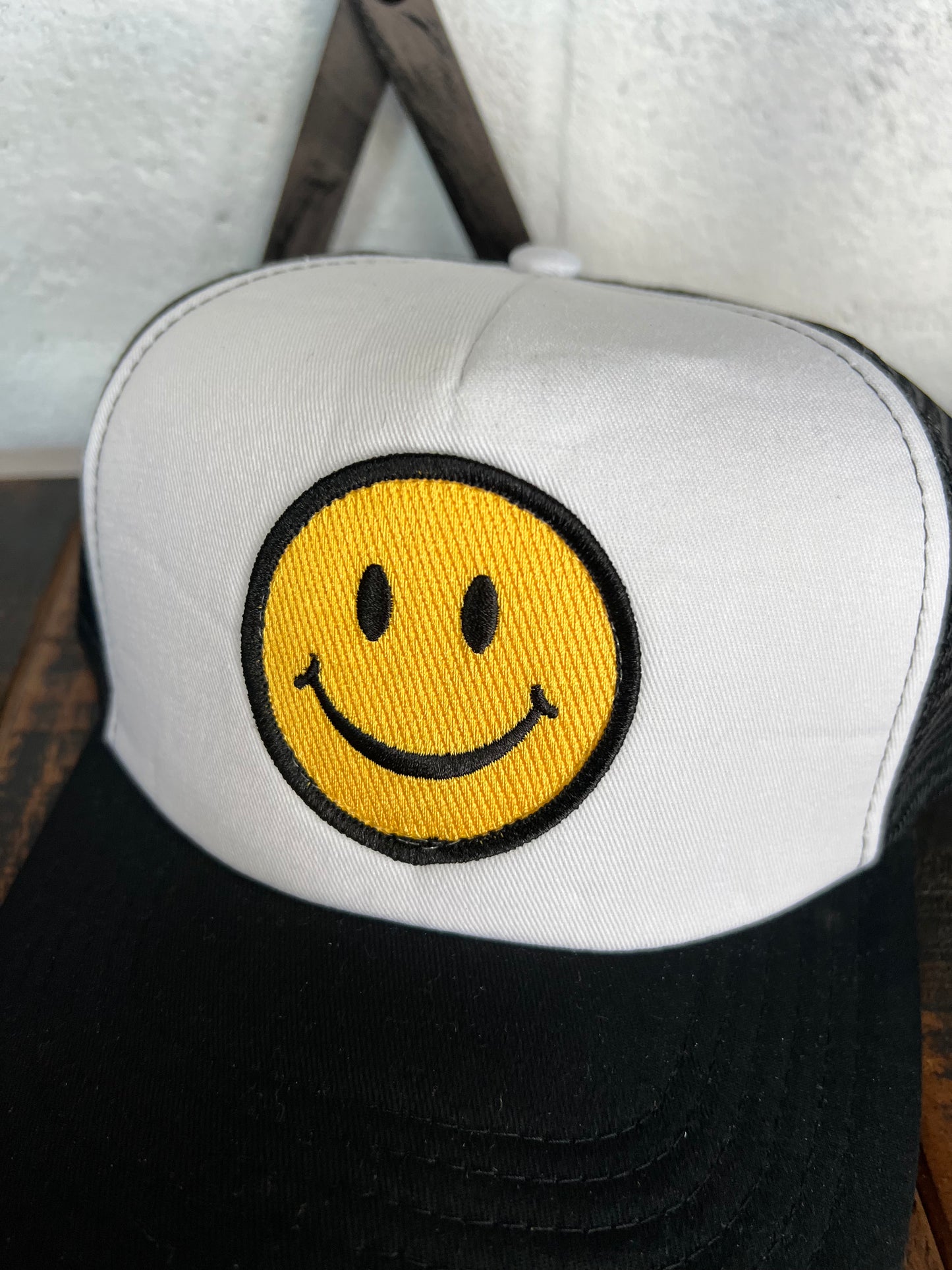 Happy Face Trucker Hat (Black and White)