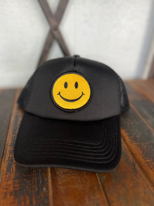 Happy Face Foam Trucker Hat (All Black)
