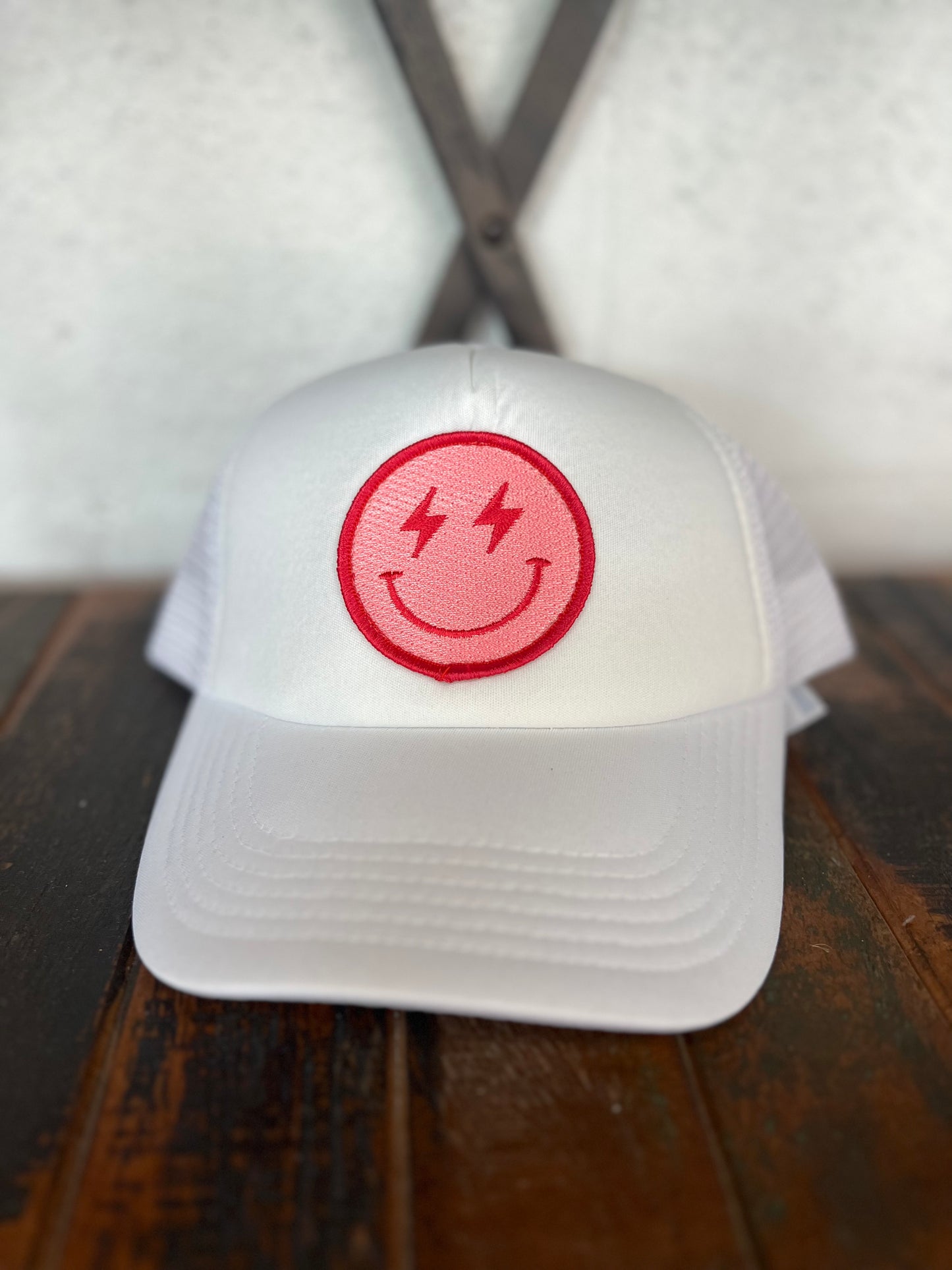 Hot Pink Lightning Happy Face Foam Trucker Hat (White)
