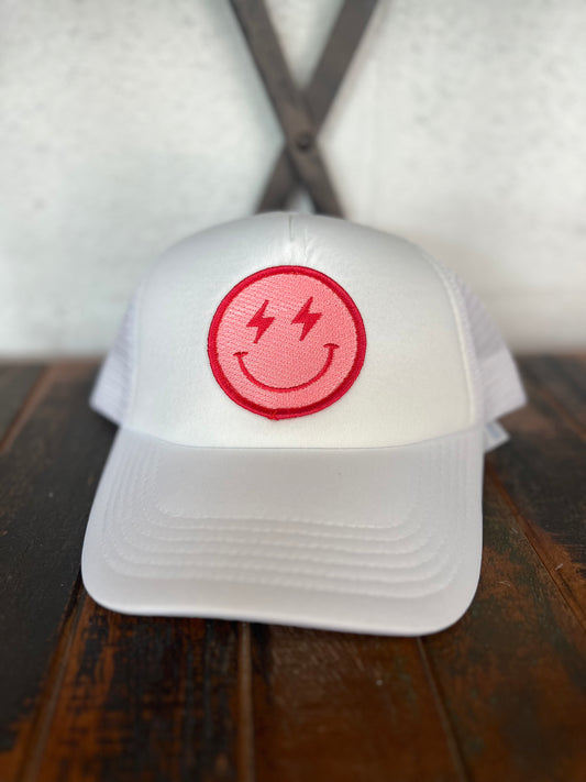 Hot Pink Lightning Happy Face Foam Trucker Hat (White)