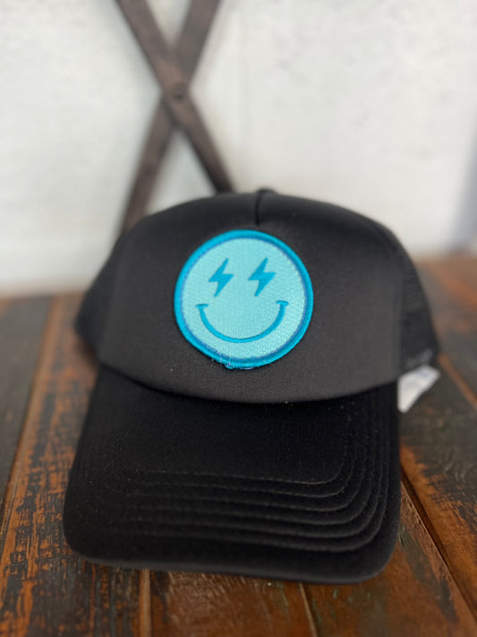 Turquoise Lightning Happy Face Foam Trucker Hat (Black)