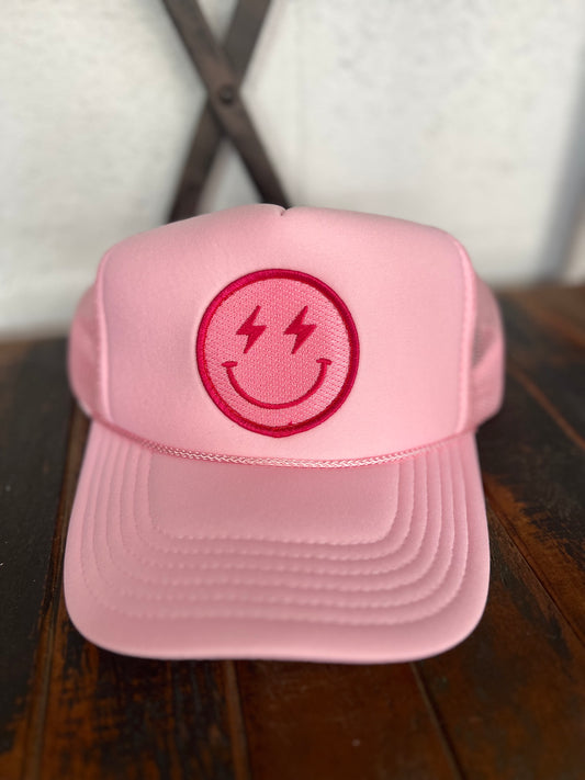 Hot Pink Lightning Happy Face Foam Trucker Hat (Light Pink)