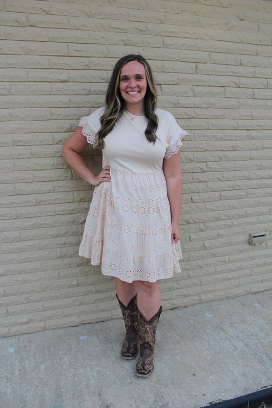 The Wrenley Khaki Eyelet Tiered Dress