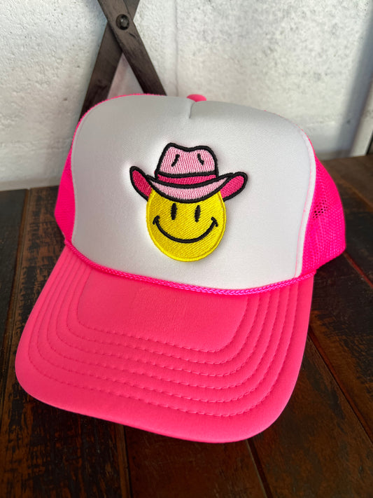 Cowboy Hat Happy Face Western Foam Hat (Pink & White)