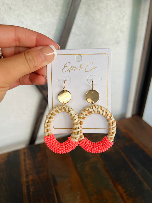 Coral Beaded and Gold Rattan Drops
