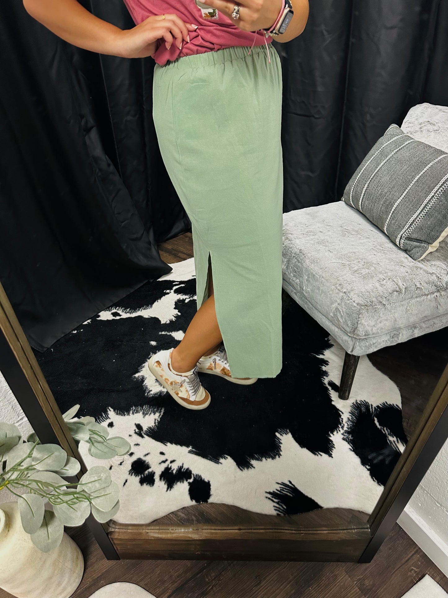 Sage Green Side Slit Midi Skirt