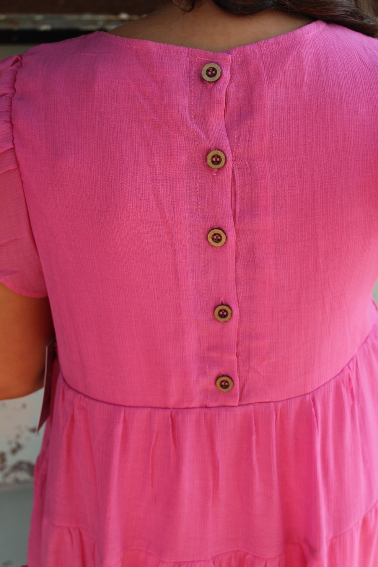 Pink Ruffled Sleeve Tiered Dress