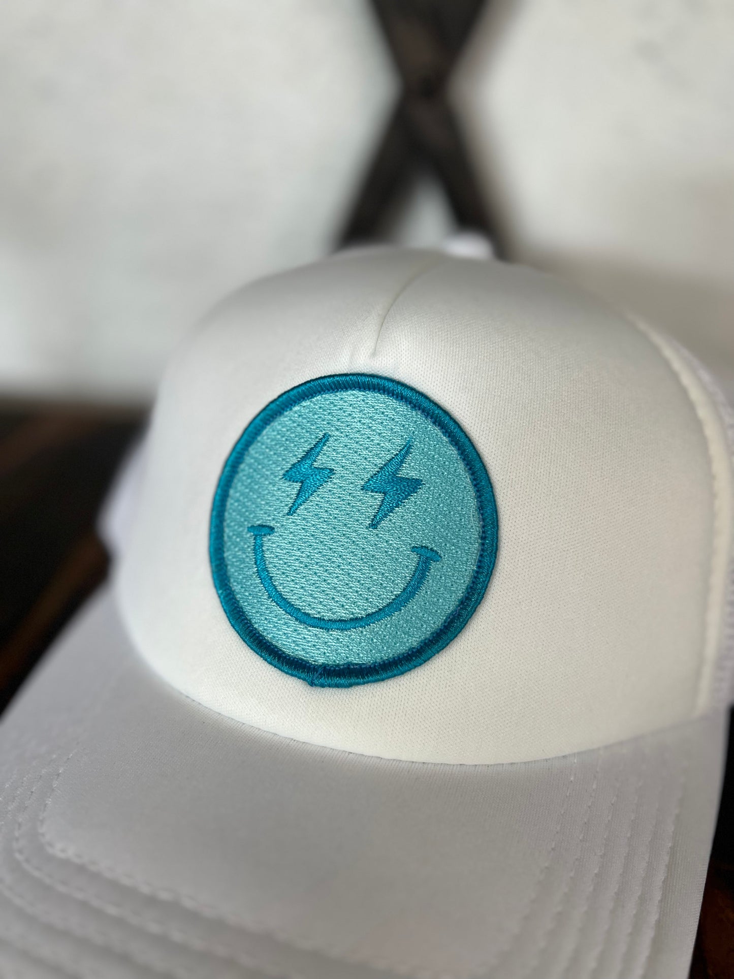 Turquoise Lightning Happy Face Foam Trucker Hat (White)