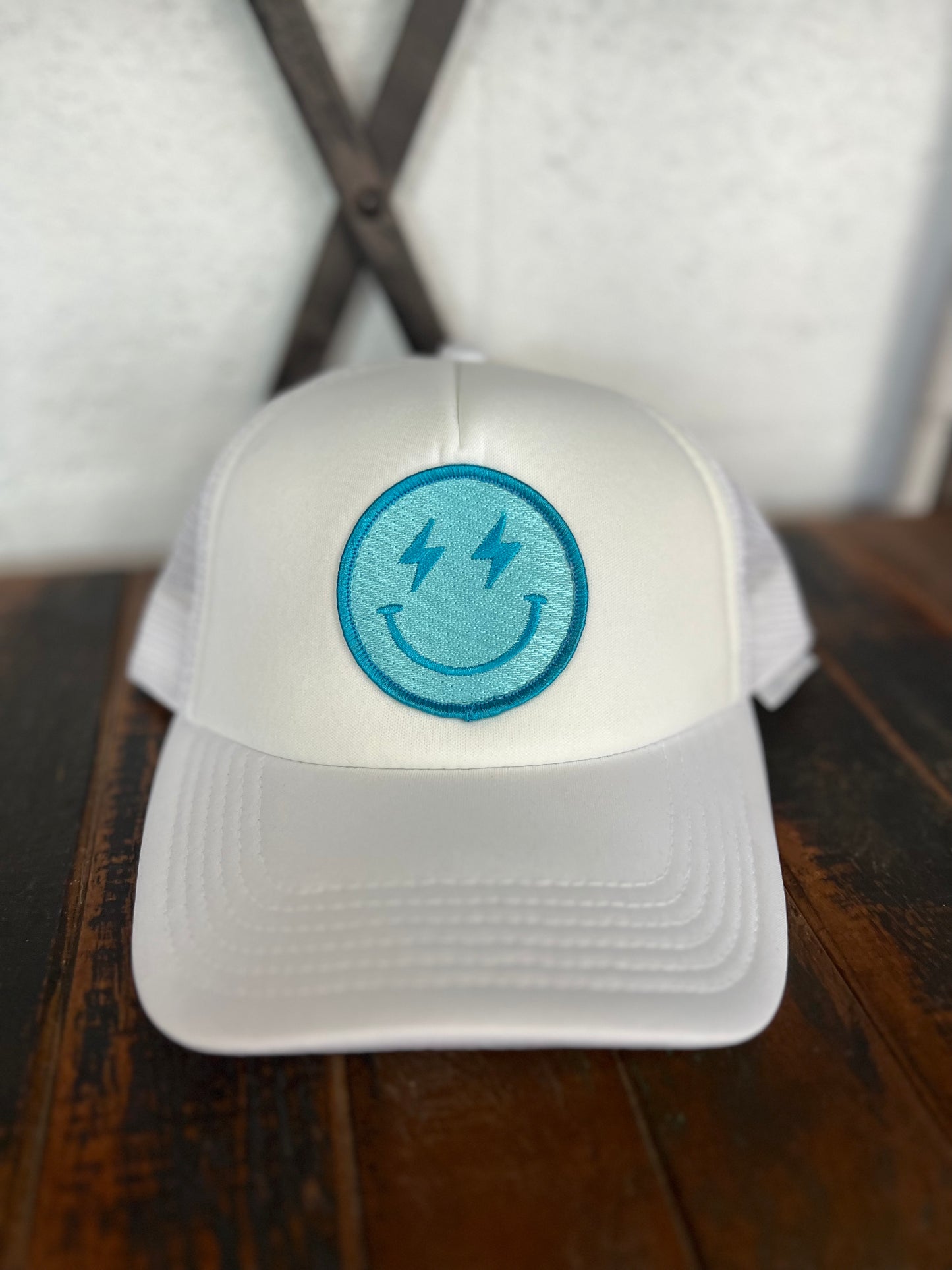 Turquoise Lightning Happy Face Foam Trucker Hat (White)