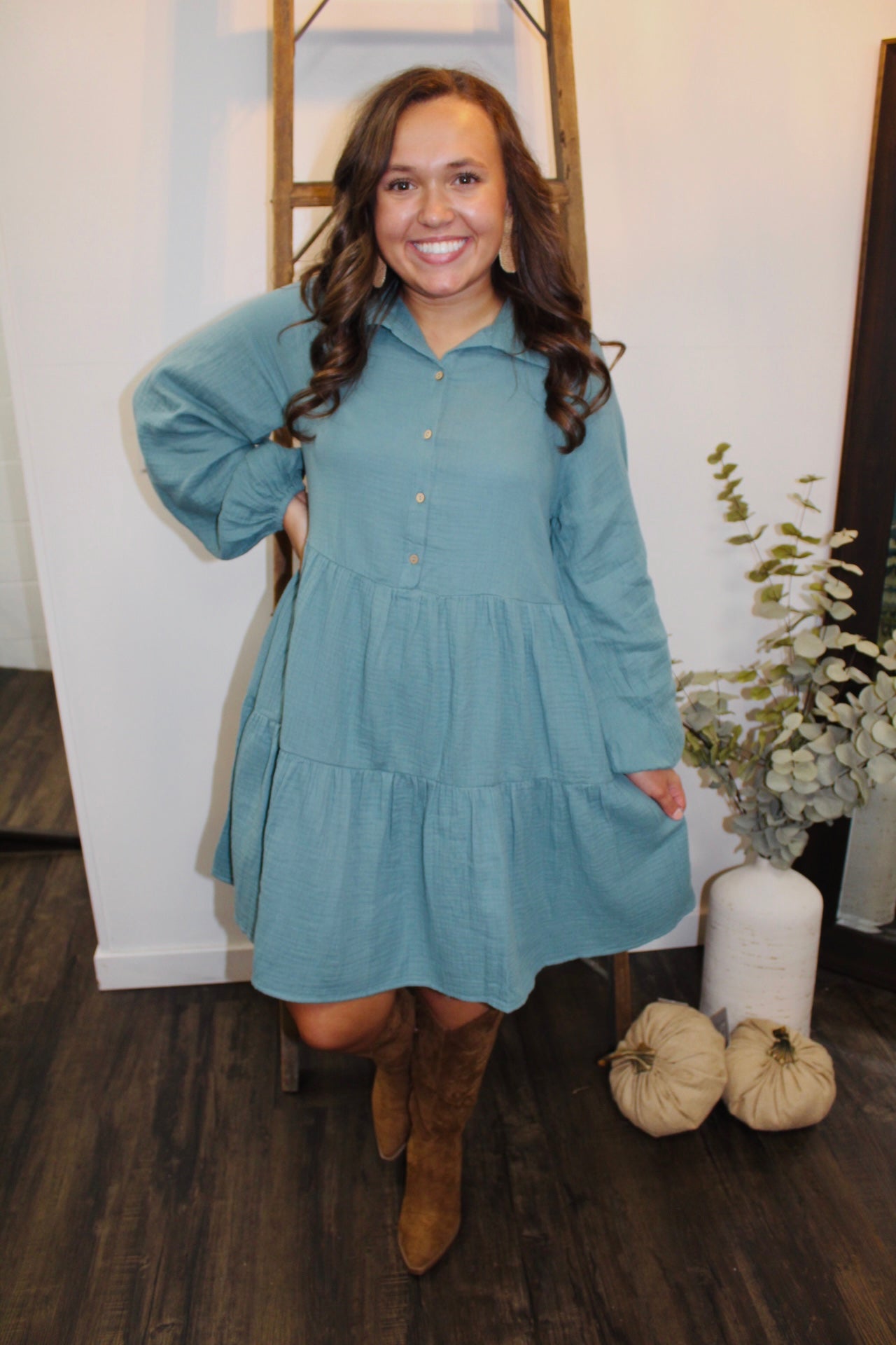 Slate Green Button Down Tiered Dress