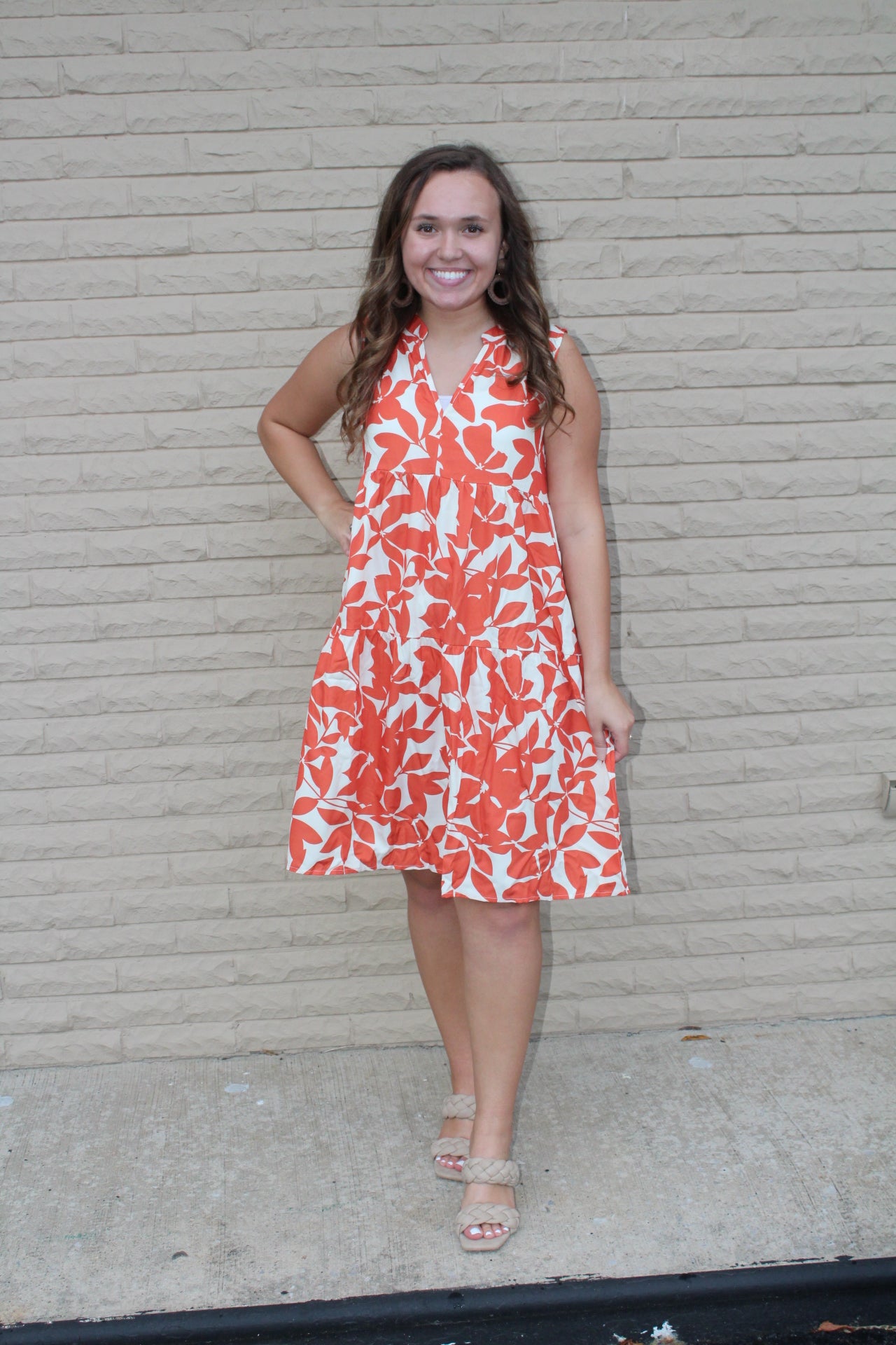 Rust Floral Print Tiered Swing Dress