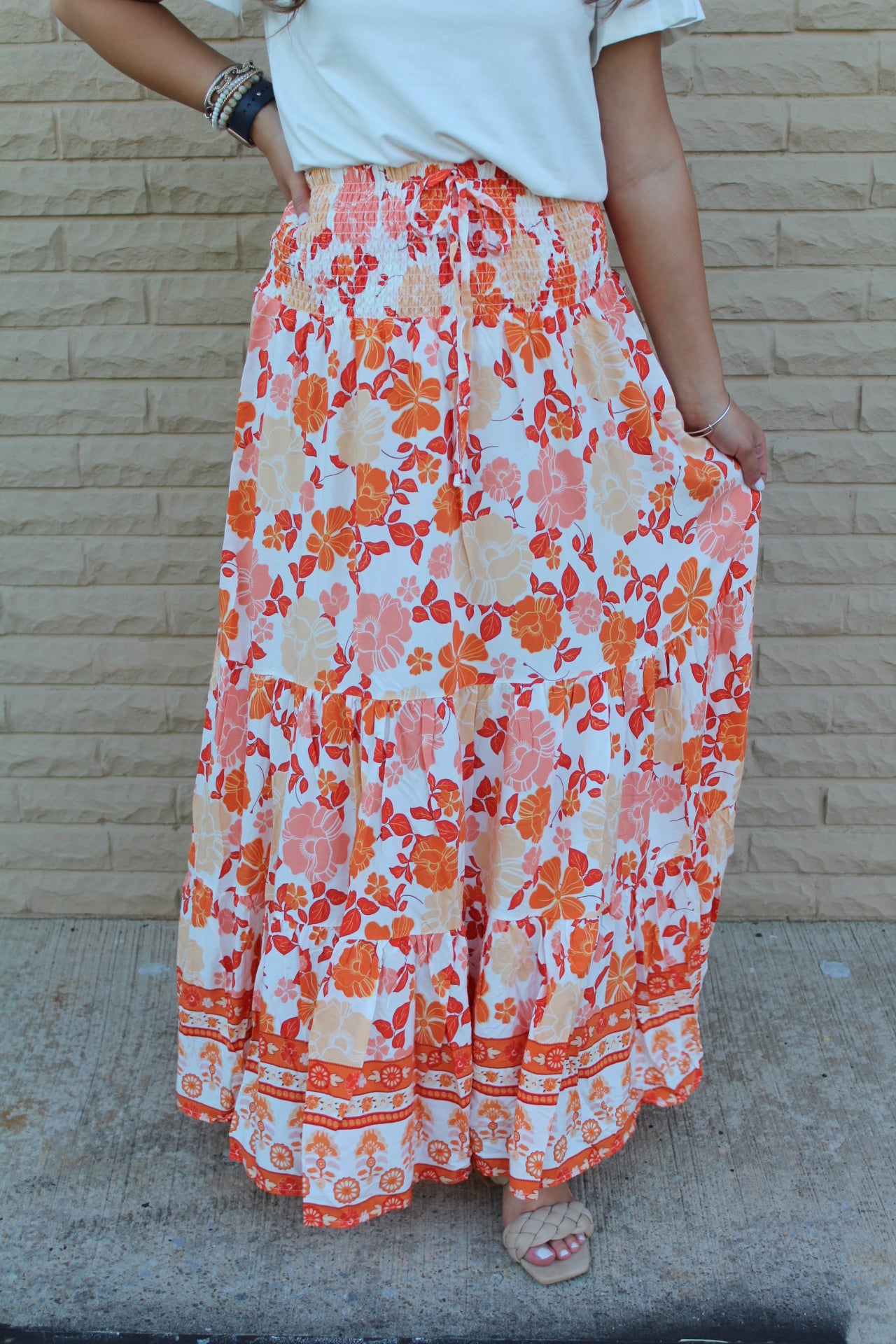 Orange Floral Print Maxi Skirt