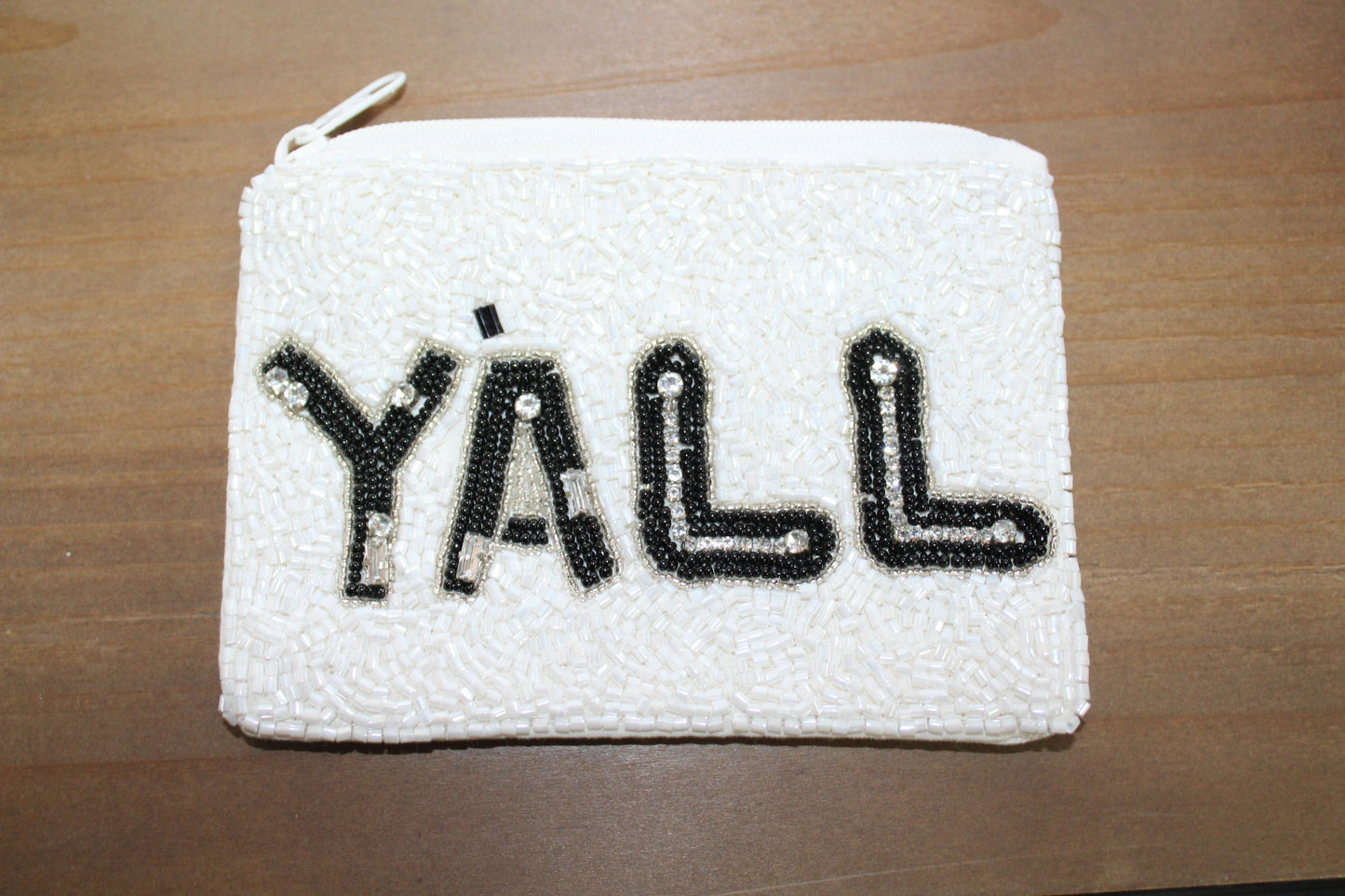 White Y'all Beaded Zip Pouch