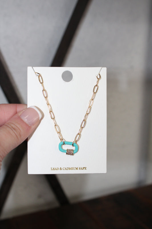 Blue Glitzy Locked Link Pendant Necklace