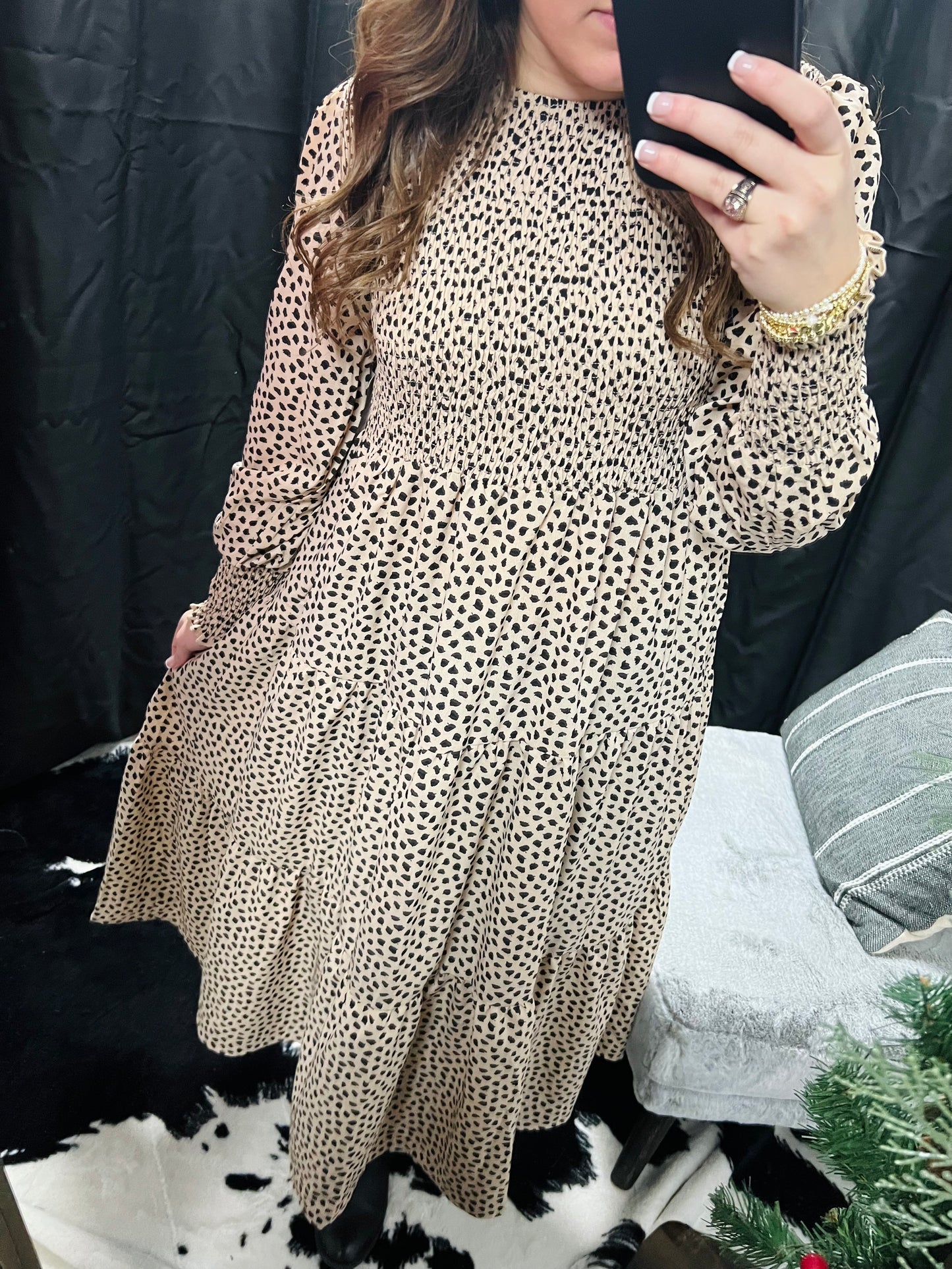 Latte Leopard Print Smocked Tiered Dress