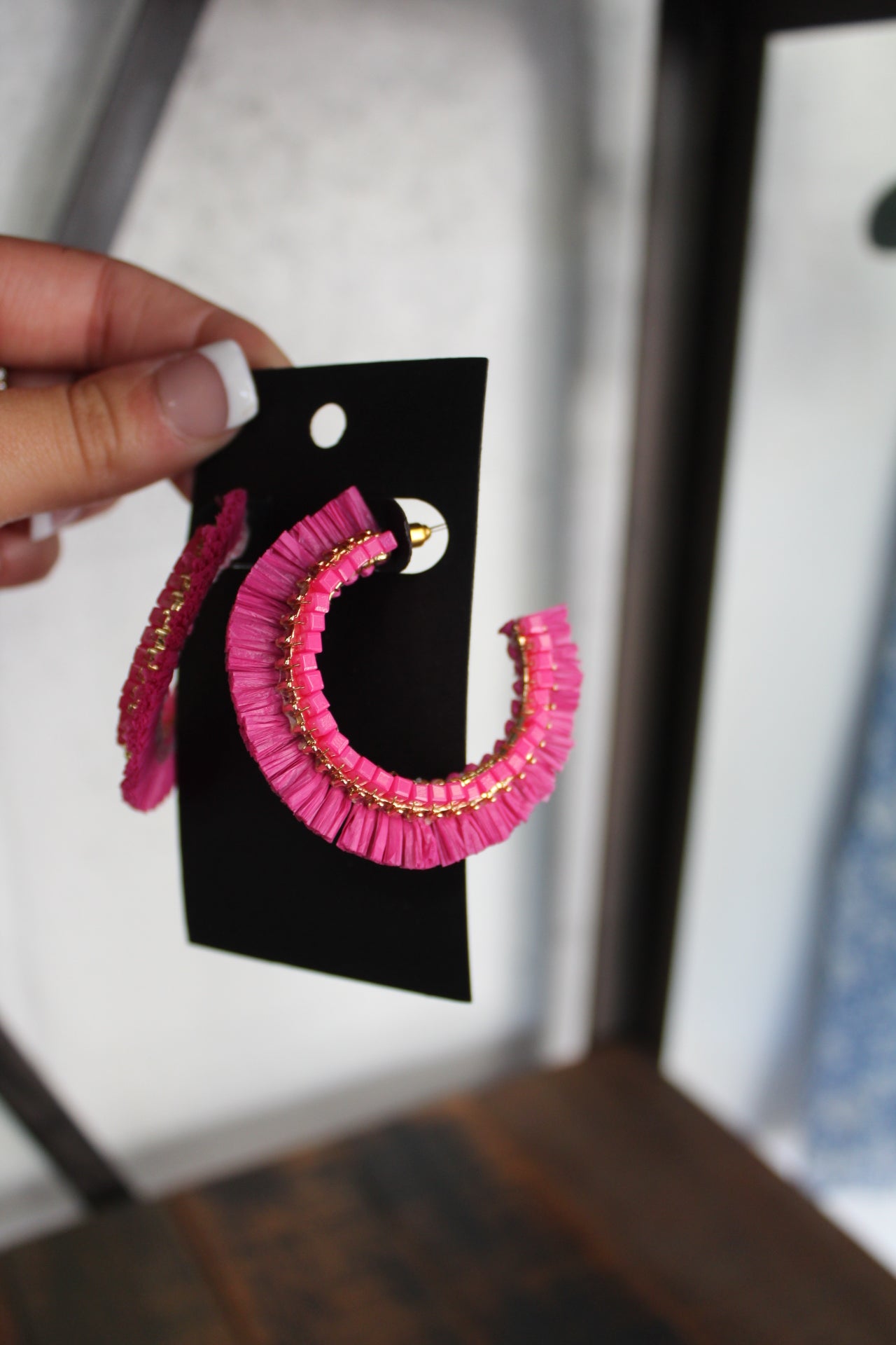 Hot Pink Beaded Raffia Hoop Earrings