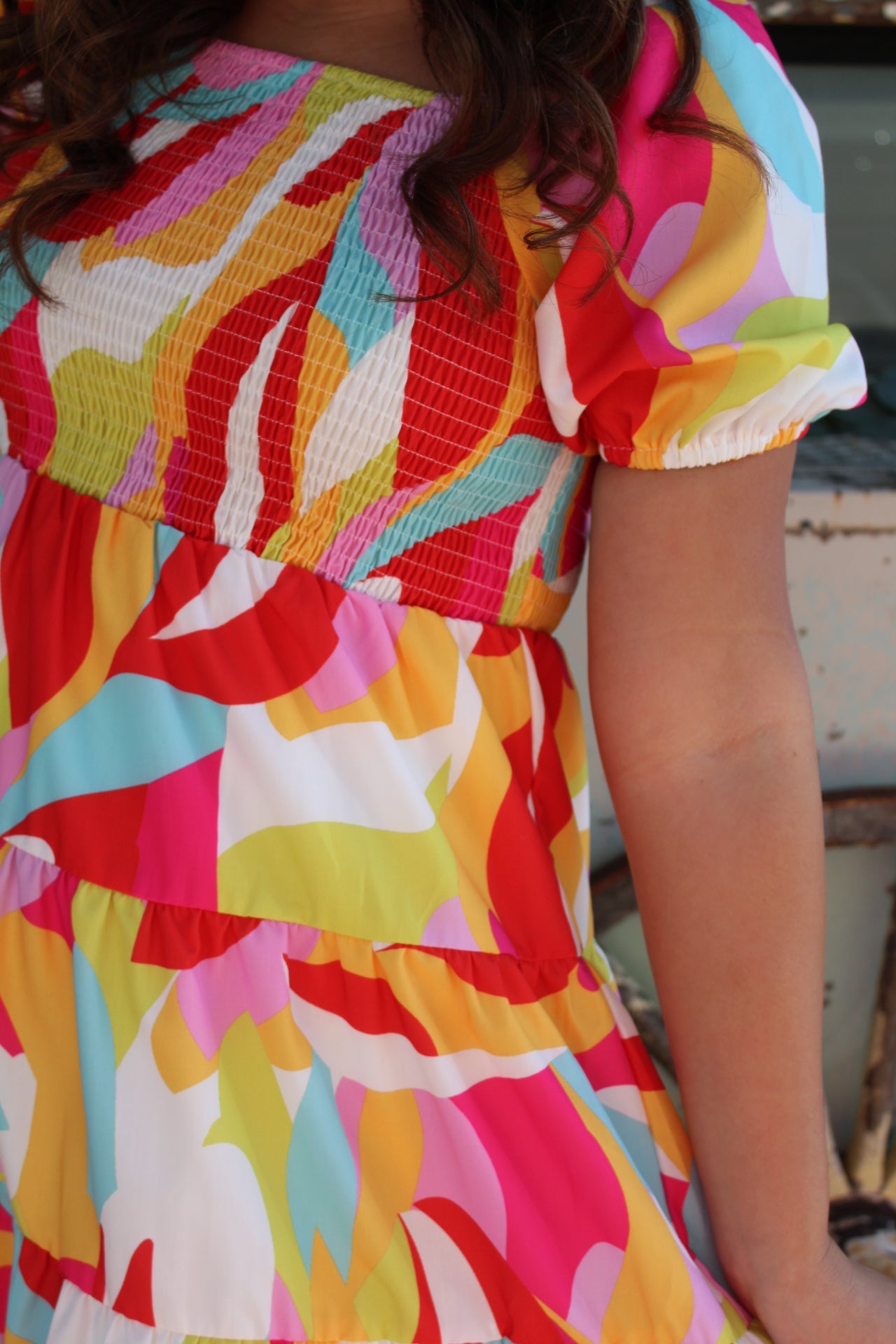 Multicolor Geometric Print Smocked Dress