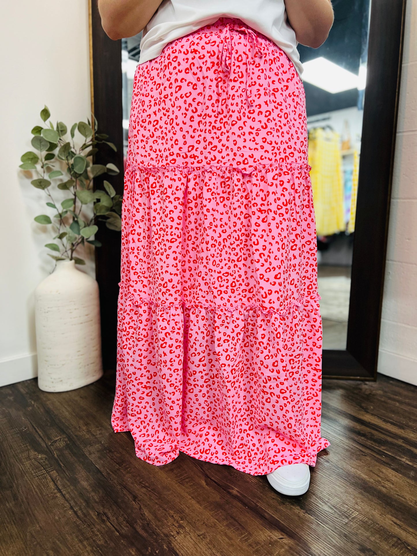 Pink Leopard Print Drawstring Maxi Skirt